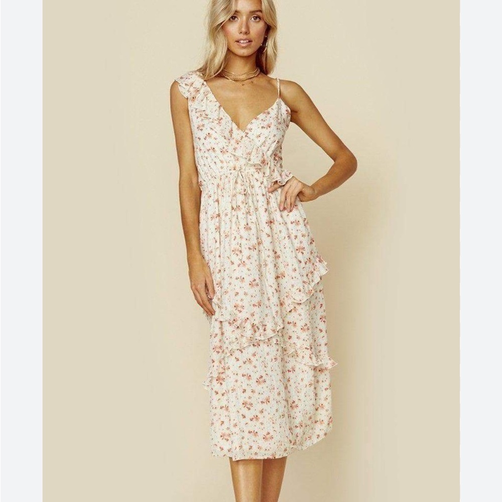 Blue Life Revolve "Violet" Ruffled Floral Dress in Cream and Pink Size XS
